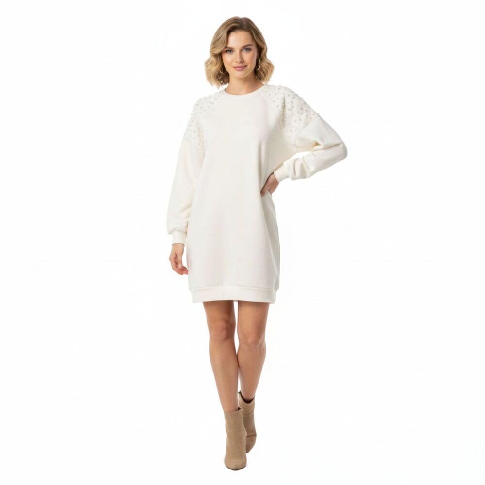 NWT Express Womens Small Pearl Embellished Sweatshirt‎ Cream Dress